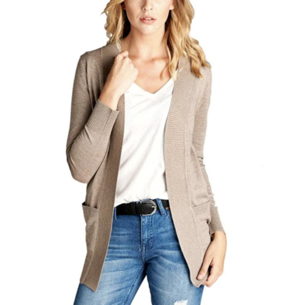 Active USA Women's Cardigan Sweater Open Front Pockets Taupe Heather Size Large